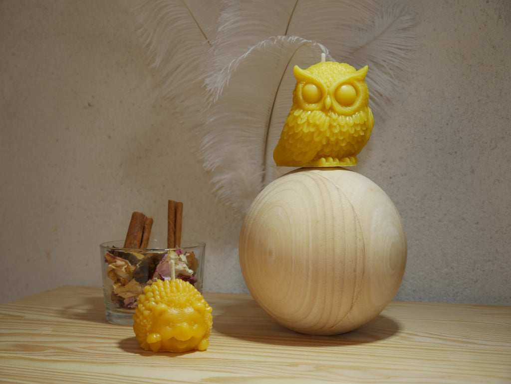 COFFRET BOUGIES NATURELLES DUO "HERISSON ET HIBOU" EN CIRE D'ABEILLE