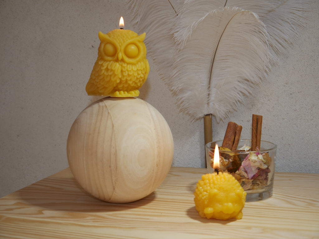 COFFRET BOUGIES NATURELLES DUO "HERISSON ET HIBOU" EN CIRE D'ABEILLE